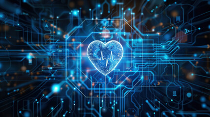 Obraz premium Пlowing blue heart with a heartbeat signal in the center, surrounded by complex digital circuit lines