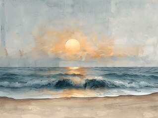 Minimalistic watercolor drawing of gray beach and sea