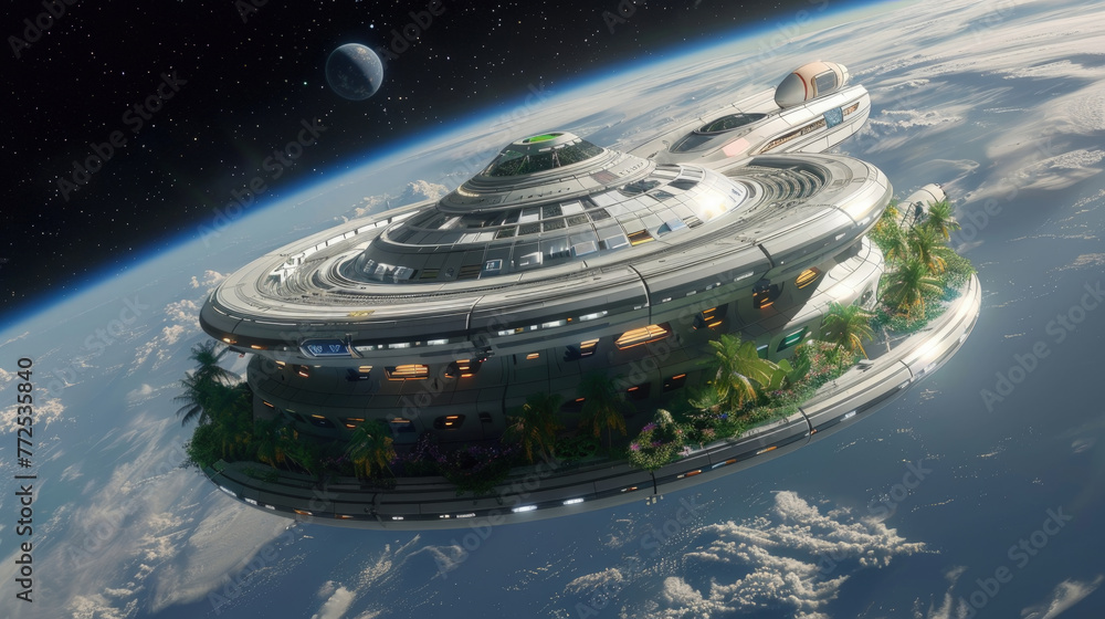 Poster a large, circular space station with green areas and modern structures orbits earth against a backdr