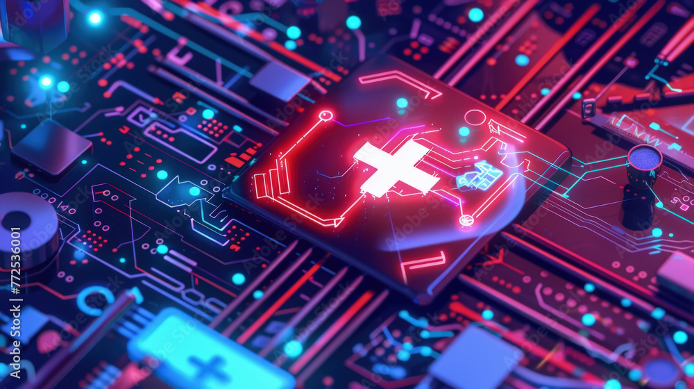 Aufkleber detailed view of a computer chip with a glowing red light on it, showcasing intricate technology