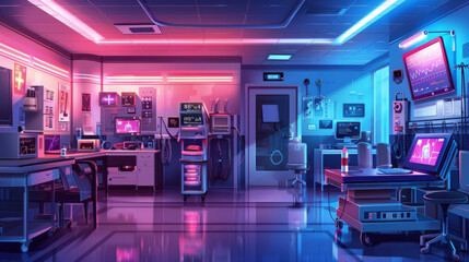 A high-tech hospital room bathed in neon pink and blue lights, showcasing state-of-the-art medical technology and equipment for patient care