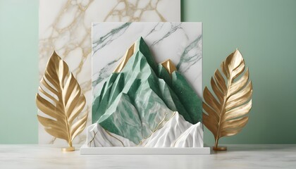 modern white marble stand product showcase with  green marble mountains background and golden leaves
