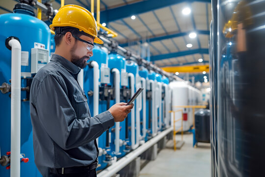 Modern factory process with team of service engineer in a water filtration control room and using a tablet computer to check process of raw water filtration for mineral water bottling production line