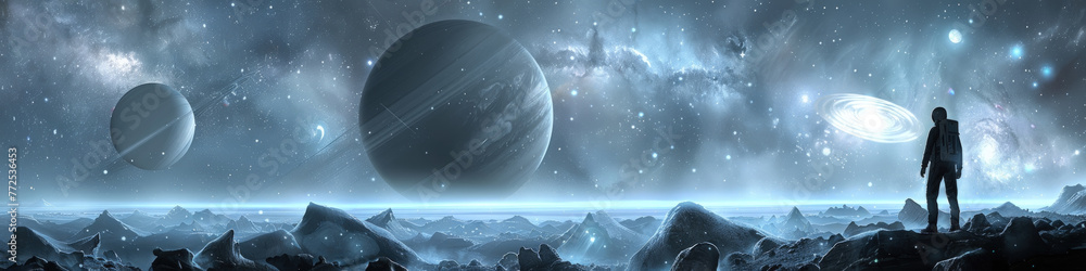 Poster a man standing in front of a vast sky filled with multiple planets, gazing up at the celestial objec