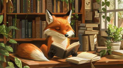 Fototapeta premium A painting of a fox sitting on its hind legs, attentively reading an open book in a woodland setting