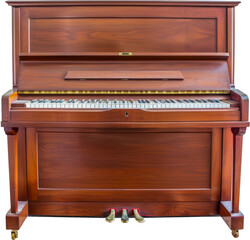 Upright piano with mahogany finish and ivory keys cut out on transparent background