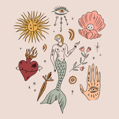 Boho mystical fairytale characters vector line art bundle coloring of whimsical minimalist fairytale items. Virgo girl mermaid, sacred heart, shell, sun and moon, dagger, flower and more. Marine - 772536875