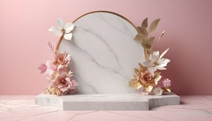 White marble scene with pink flowers and golden leaves