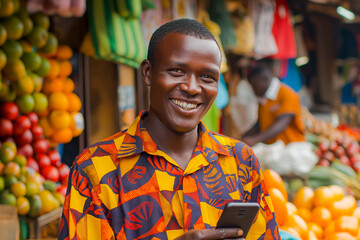 Portrait of smiling african man using mobile phone at a local market - obrazy, fototapety, plakaty