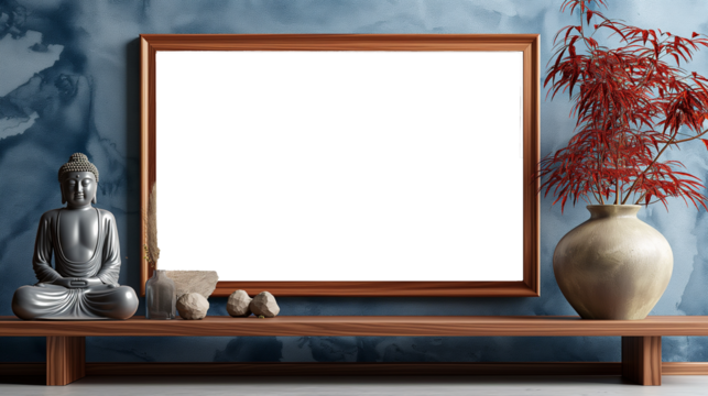 Chinese Mockup wood frame photo. Buddha statue inside in room. Vertical boarder Mock-up. Empty board photo frame. Ai generated. Colorful PNG illustration
