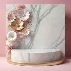 Girly Marble product scene with white pink flowers
