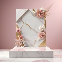 White marble stand product presentation pink and white flowers decoration