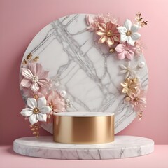 Gold round stand with White marble background with pink flowers decor for product showcasing and wedding