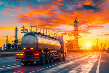 Rear view of big metal fuel tanker truck in motion shipping fuel to oil refinery against sunset sky - obrazy, fototapety, plakaty