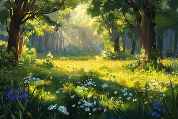Sun-Kissed Wilderness: A Lush Carpet of Wildflowers Adorns a Forest Clearing in Spring - obrazy, fototapety, plakaty