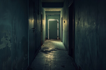 A dark hallway with a door in the middle