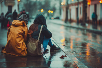 Side view of two women holding hands while sitting on rain outdoors. Homeless, empathy, support and compassion concept. - obrazy, fototapety, plakaty