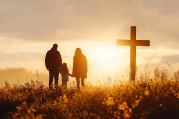 Silhouette of family looking for the cross of Jesus Christ on autumn sunrise background. Easter...