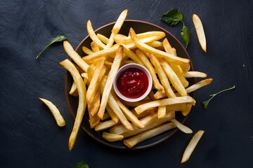 Classic french fries served with ketchup for a delightful snack - obrazy, fototapety, plakaty