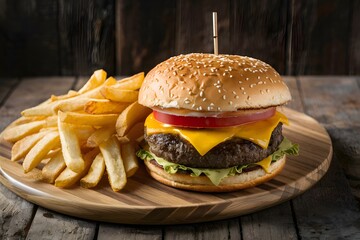 Classic grilled burger with cheese, tomato, and crispy fries