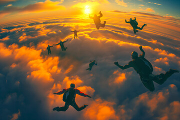 Fototapeta na wymiar Skydiving group at the sunset Skydivers make a formation above the clouds