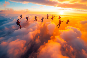 Skydiving group at the sunset Skydivers make a formation above the clouds