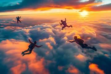 Skydiving group at the sunset Skydivers make a formation above the clouds - obrazy, fototapety, plakaty