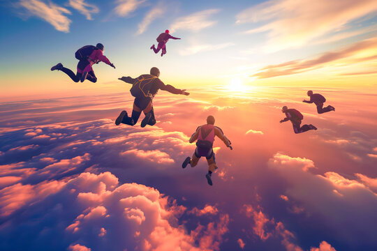 Skydiving group at the sunset Skydivers make a formation above the clouds