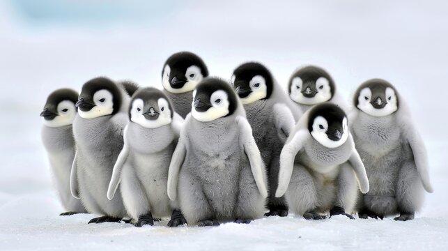  A group of penguins huddled together on a snowy mountaintop, one penguin facing the camera
