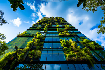 Sustainable green building. Eco-friendly building. Sustainable glass building with vertical garden reducing carbon dioxide. Green architecture. Green environment. Sustainable lifestyle