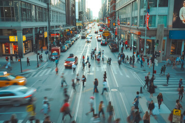 time-lapse of daylight busy urban downtown city crowd people commuter transportation intersection street motion people and car taxi street scene pedestrian city people lifestyle - obrazy, fototapety, plakaty