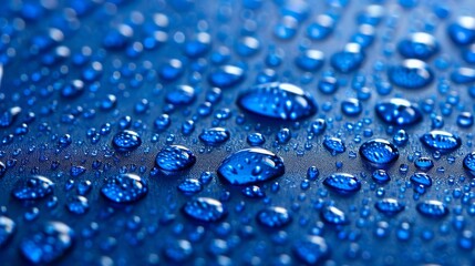 Close-up image of numerous transparent water droplets gathered on a vibrant blue background