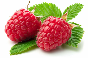 Red raspberries with green leaves on a white background