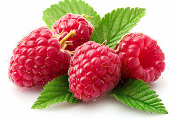 Bouquet of red raspberries with green leaves on a white background