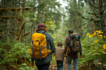 Fototapeta na wymiar View from behind of a family hiking through a forest clearing, embodying adventure, nature, togetherness, and a shared passion for camping