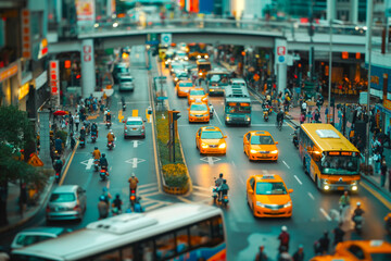 time-lapse of daylight busy urban downtown city crowd people commuter transportation intersection street motion people and car taxi street scene pedestrian city people miniature effect