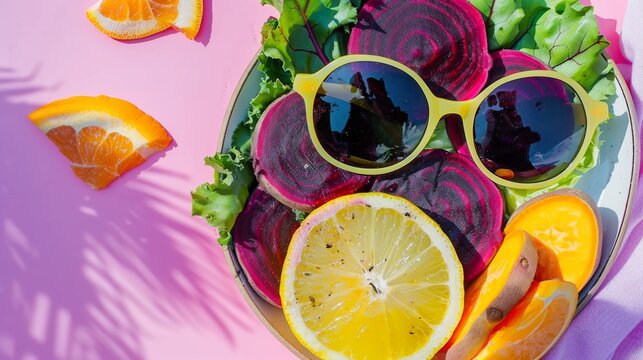  A plate with fruits, veggies, and sunglasses on a pink background, featuring oranges and lettuce