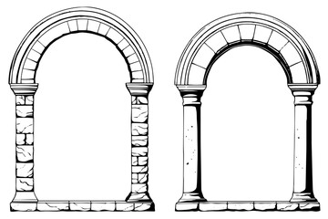 Fototapeta premium Greek column, architecture arch, roman pillar, doorway, archway vector sketch set.