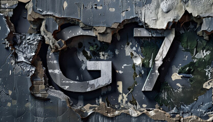 Decayed Urban Wall Mural Revealing Metallic  G7 Emblem Signifying Economic Power and Unity,  USA, Japan, Canada, France, Italy, Germany, UK - 772539696
