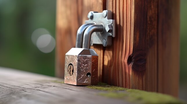 Close up of sliding bolt. Old rusty lock and latch on worn green wooden door. AI-generated