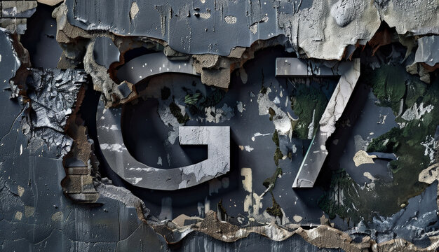 Decayed Urban Wall Mural Revealing Metallic  G7 Emblem Signifying Economic Power and Unity,  USA, Japan, Canada, France, Italy, Germany, UK