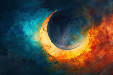 Abstract Celestial Art of a Crescent Moon Against Vivid Watercolor Backdrop, Solar Eclipse 2024, April 8 - 772539866