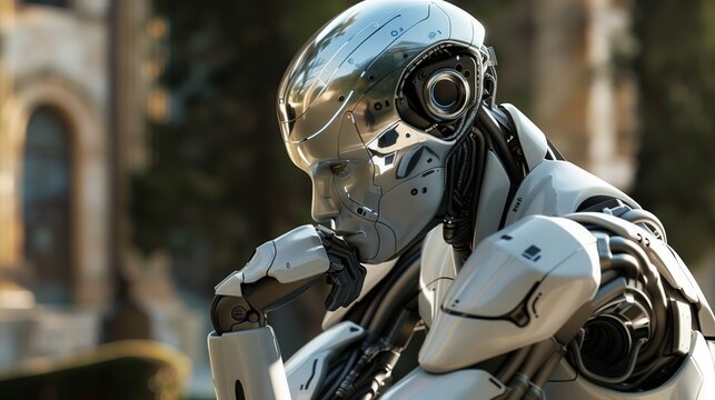 Thinker robot. The cutting-edge robot is deliberating on the best course of action. Humanoid robot seated.