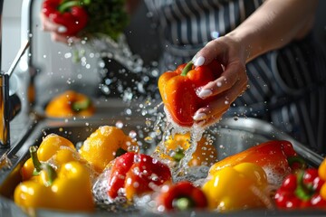 housekeeper woman washing vegetables sweet pepper in the kitchen - obrazy, fototapety, plakaty
