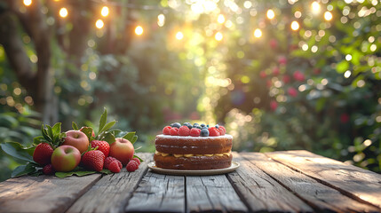 "Fruit cake on wooden table with apples and garden lights in the background. Birthday celebration in nature theme. Outdoor party setting with copy space for design and invitation