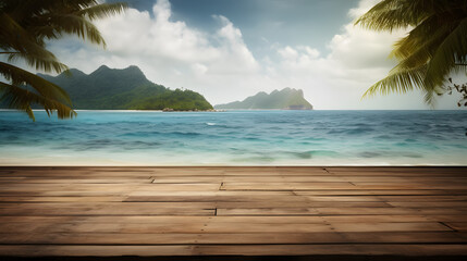 Wooden planks foreground with tropical beach and mountains in the distance. Vacation and travel concept. Scenic view with copy space for design and advertisement