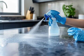 Sanitizing kitchen table surface with disinfectant spray bottle and gloves for covid-19 prevention - obrazy, fototapety, plakaty