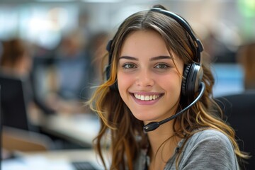 A cheerful woman with a headset smiles in an office setting