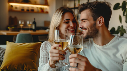 A happy couple toasts with white wine in the living room