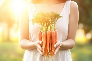 Tranquil harvesting of fresh carrots by gentle hands in a serene garden at sunset